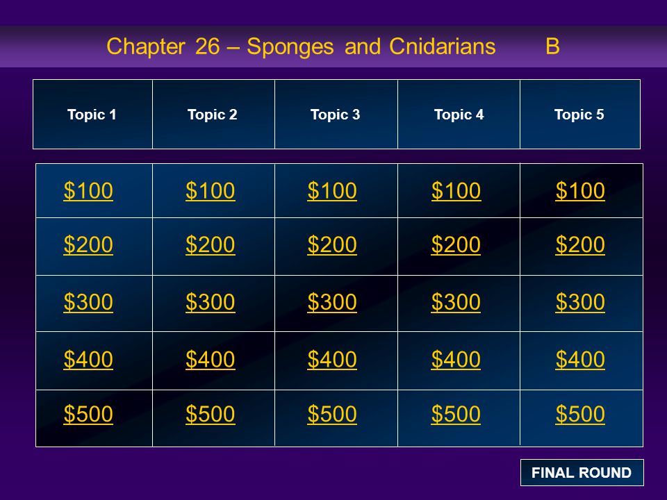 Chapter 26 – Sponges and Cnidarians B $100 $200 $300 $400 $500 $100$100$100 $200 $300 $400 $500 Topic 1Topic 2Topic 3Topic 4 Topic 5 FINAL ROUND