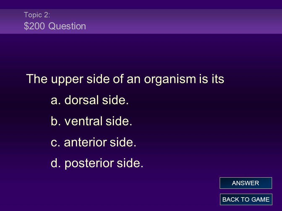 Topic 2: $200 Question The upper side of an organism is its a.