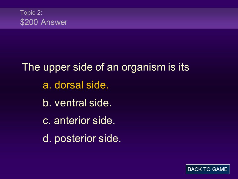 Topic 2: $200 Answer The upper side of an organism is its a.