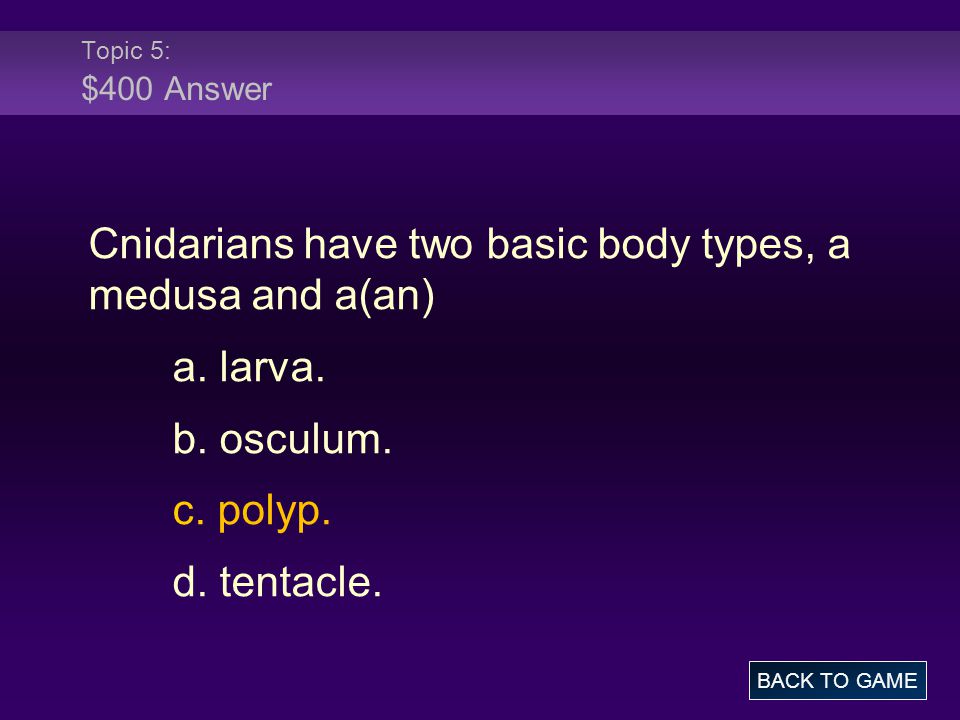 Topic 5: $400 Answer Cnidarians have two basic body types, a medusa and a(an) a.