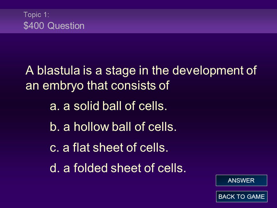 Topic 1: $400 Question A blastula is a stage in the development of an embryo that consists of a.