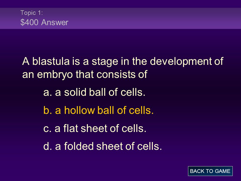Topic 1: $400 Answer A blastula is a stage in the development of an embryo that consists of a.