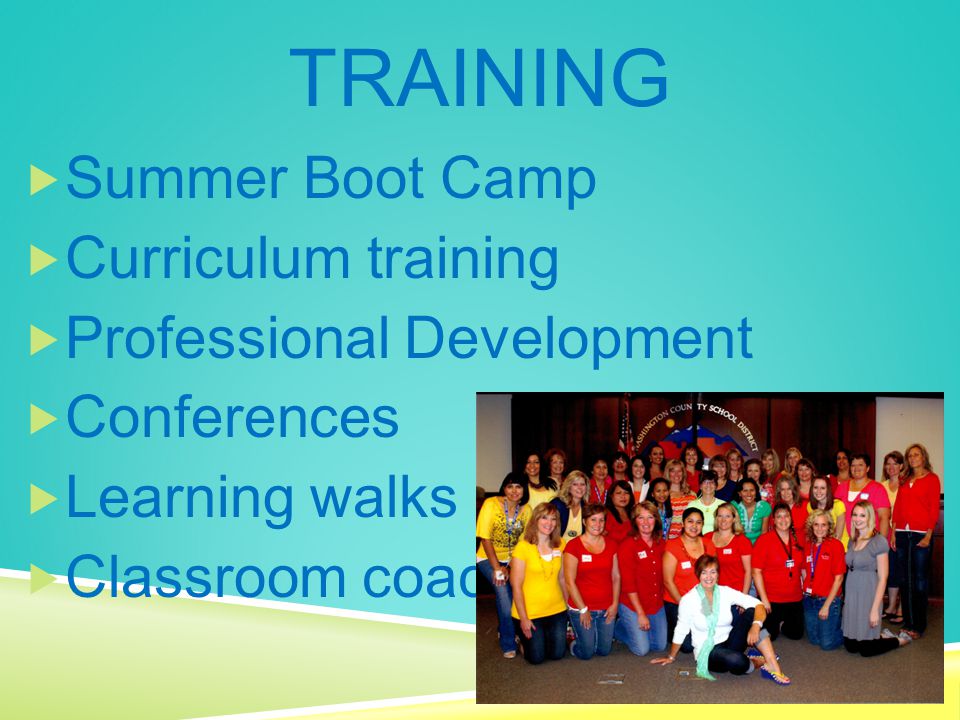 TRAINING  Summer Boot Camp  Curriculum training  Professional Development  Conferences  Learning walks  Classroom coaching