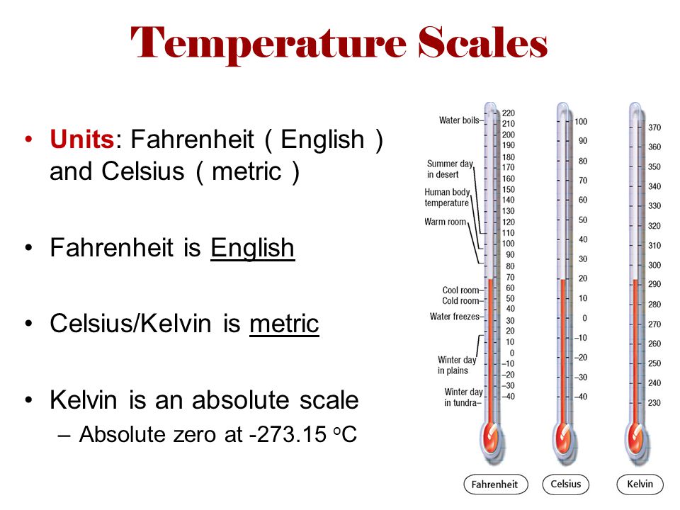 Temperature Scales Units: Fahrenheit ( English ) and Celsius ( metric ) Fahrenheit is English Celsius/Kelvin is metric Kelvin is an absolute scale –Absolute zero at o C