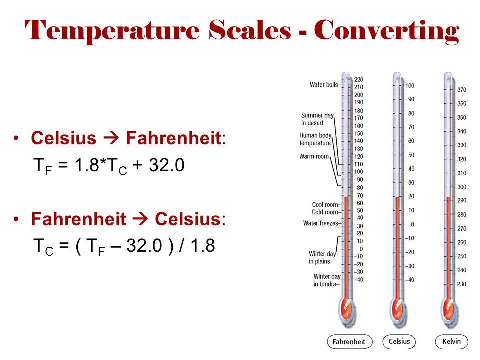 Temperature Scales - Converting Celsius  Fahrenheit: T F = 1.8*T C Fahrenheit  Celsius: T C = ( T F – 32.0 ) / 1.8