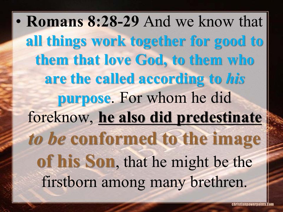 all things work together for good to them that love God, to them who are the called according to his purpose he also did predestinate to be conformed to the image of his SonRomans 8:28-29 And we know that all things work together for good to them that love God, to them who are the called according to his purpose.