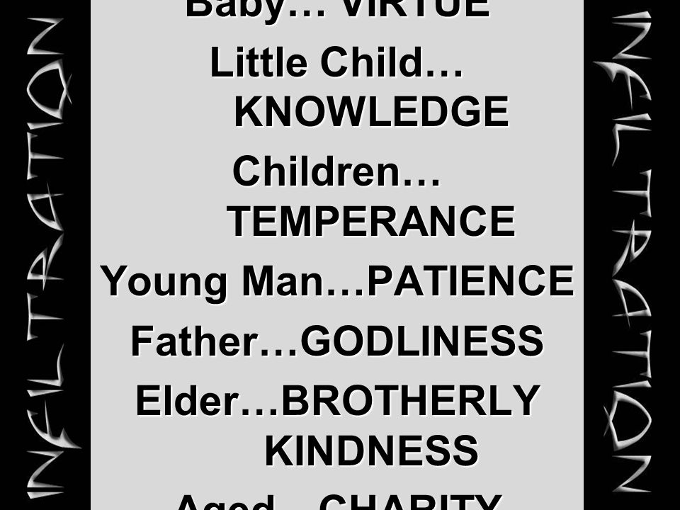 Baby… VIRTUE Little Child… KNOWLEDGE Children… TEMPERANCE Young Man…PATIENCE Father…GODLINESS Elder…BROTHERLY KINDNESS Aged…CHARITY