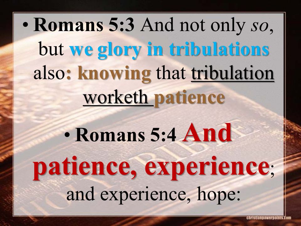 we glory in tribulations :knowingtribulation worketh patienceRomans 5:3 And not only so, but we glory in tribulations also: knowing that tribulation worketh patience And patience, experienceRomans 5:4 And patience, experience ; and experience, hope:
