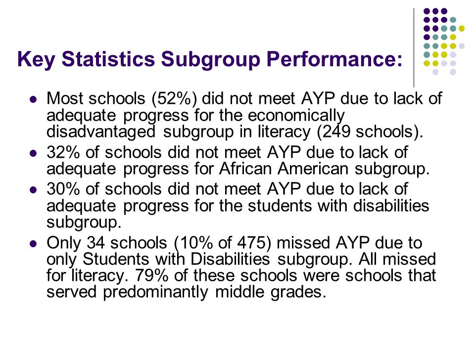 Key Statistics Subgroup Performance: Most schools (52%) did not meet AYP due to lack of adequate progress for the economically disadvantaged subgroup in literacy (249 schools).
