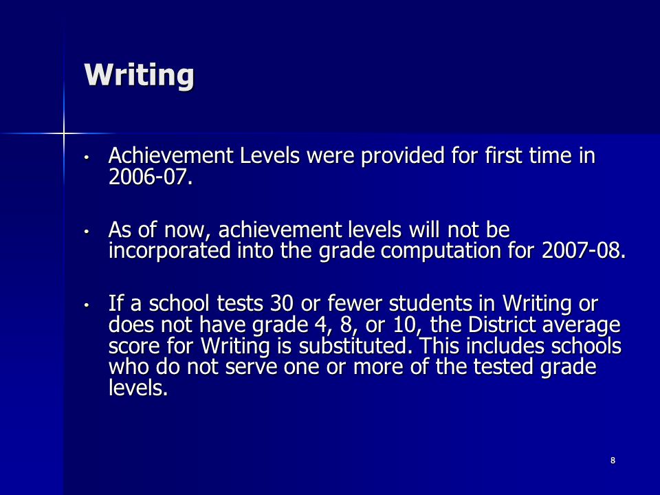 8 Writing Achievement Levels were provided for first time in