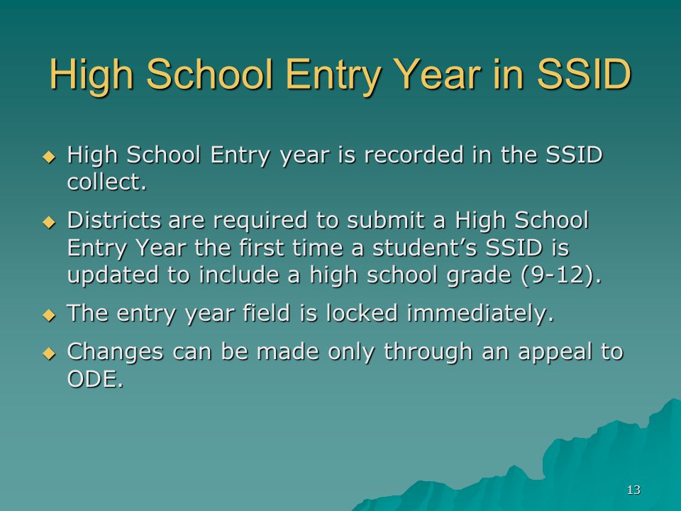 High School Entry Year in SSID  High School Entry year is recorded in the SSID collect.