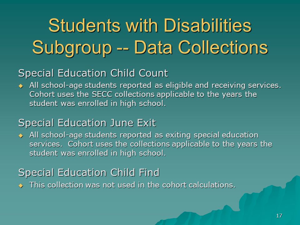 Students with Disabilities Subgroup -- Data Collections Special Education Child Count  All school-age students reported as eligible and receiving services.