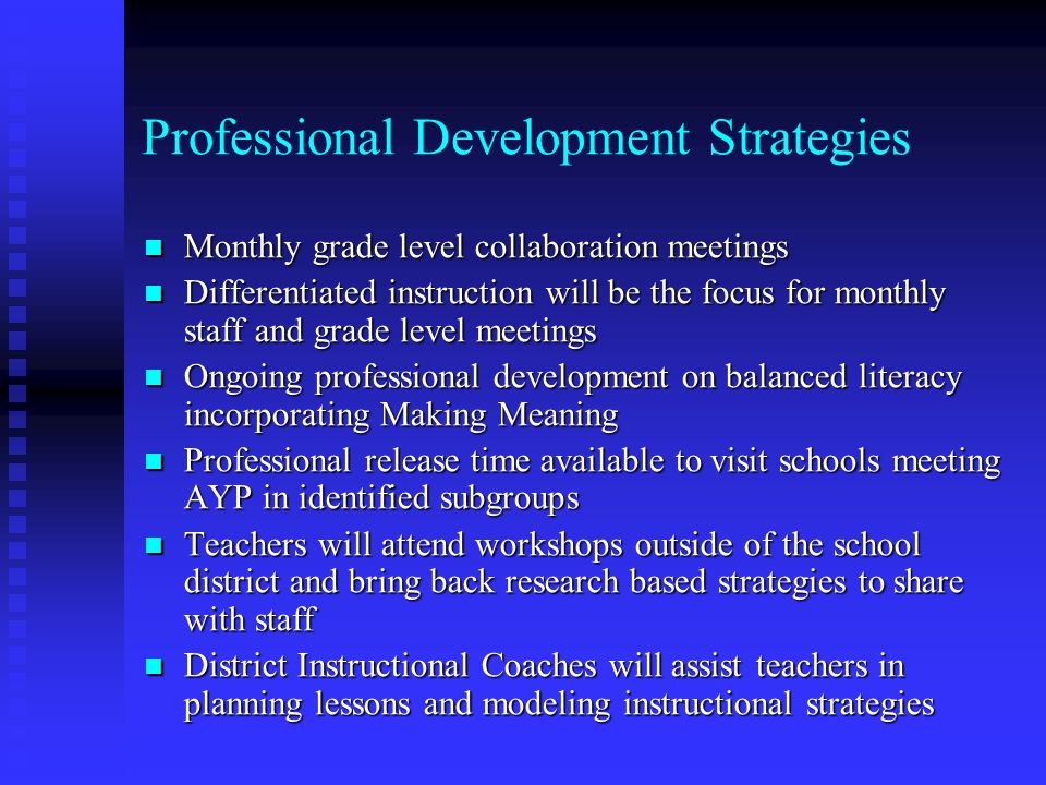 Professional Development Strategies Monthly grade level collaboration meetings Monthly grade level collaboration meetings Differentiated instruction will be the focus for monthly staff and grade level meetings Differentiated instruction will be the focus for monthly staff and grade level meetings Ongoing professional development on balanced literacy incorporating Making Meaning Ongoing professional development on balanced literacy incorporating Making Meaning Professional release time available to visit schools meeting AYP in identified subgroups Professional release time available to visit schools meeting AYP in identified subgroups Teachers will attend workshops outside of the school district and bring back research based strategies to share with staff Teachers will attend workshops outside of the school district and bring back research based strategies to share with staff District Instructional Coaches will assist teachers in planning lessons and modeling instructional strategies District Instructional Coaches will assist teachers in planning lessons and modeling instructional strategies