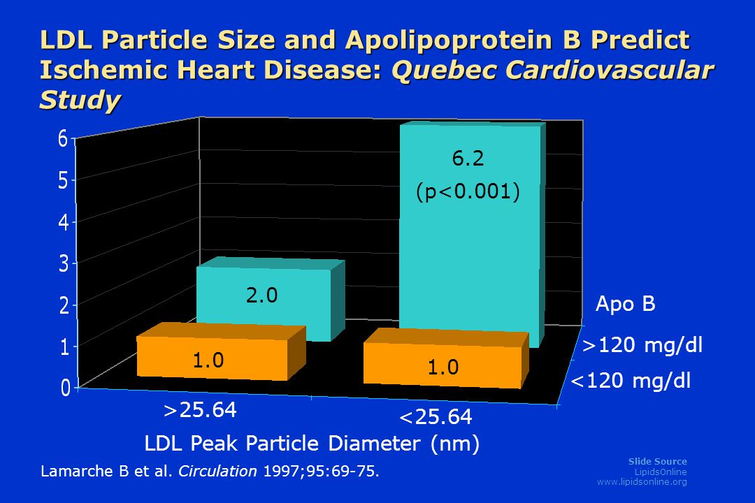 Slide Source LipidsOnline   LDL Particle Size and Apolipoprotein B Predict Ischemic Heart Disease: Quebec Cardiovascular Study Lamarche B et al.