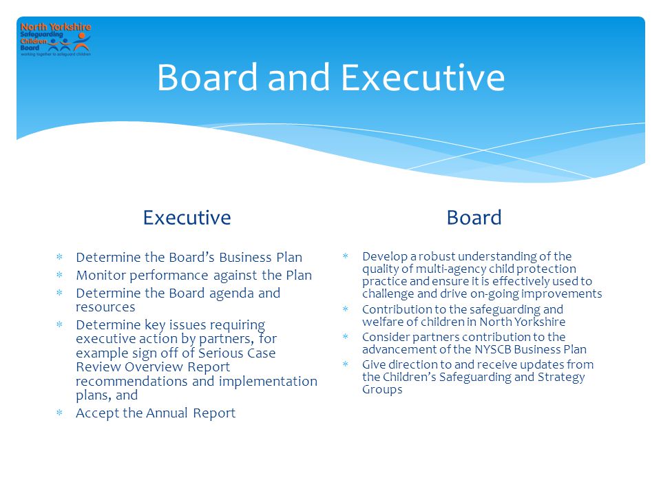 Executive  Determine the Board’s Business Plan  Monitor performance against the Plan  Determine the Board agenda and resources  Determine key issues requiring executive action by partners, for example sign off of Serious Case Review Overview Report recommendations and implementation plans, and  Accept the Annual Report Board  Develop a robust understanding of the quality of multi-agency child protection practice and ensure it is effectively used to challenge and drive on-going improvements  Contribution to the safeguarding and welfare of children in North Yorkshire  Consider partners contribution to the advancement of the NYSCB Business Plan  Give direction to and receive updates from the Children’s Safeguarding and Strategy Groups Board and Executive