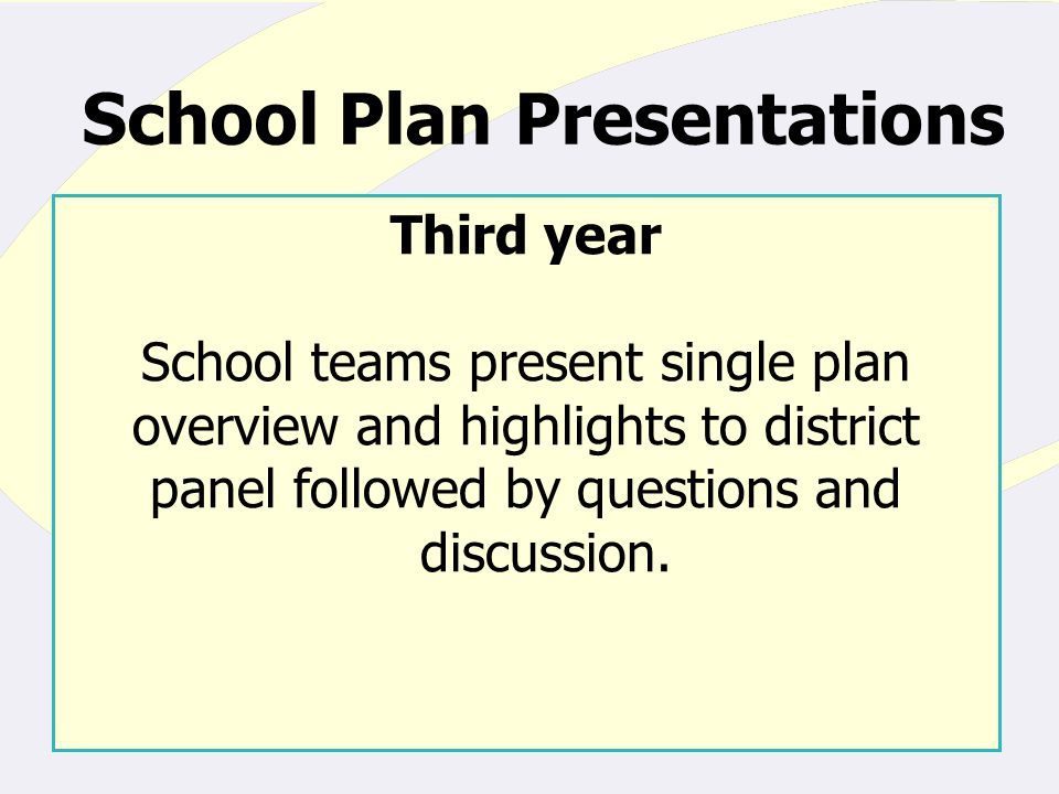 School Plan Presentations Third year School teams present single plan overview and highlights to district panel followed by questions and discussion.