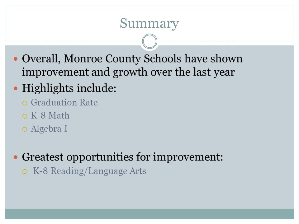 Summary Overall, Monroe County Schools have shown improvement and growth over the last year Highlights include:  Graduation Rate  K-8 Math  Algebra I Greatest opportunities for improvement:  K-8 Reading/Language Arts