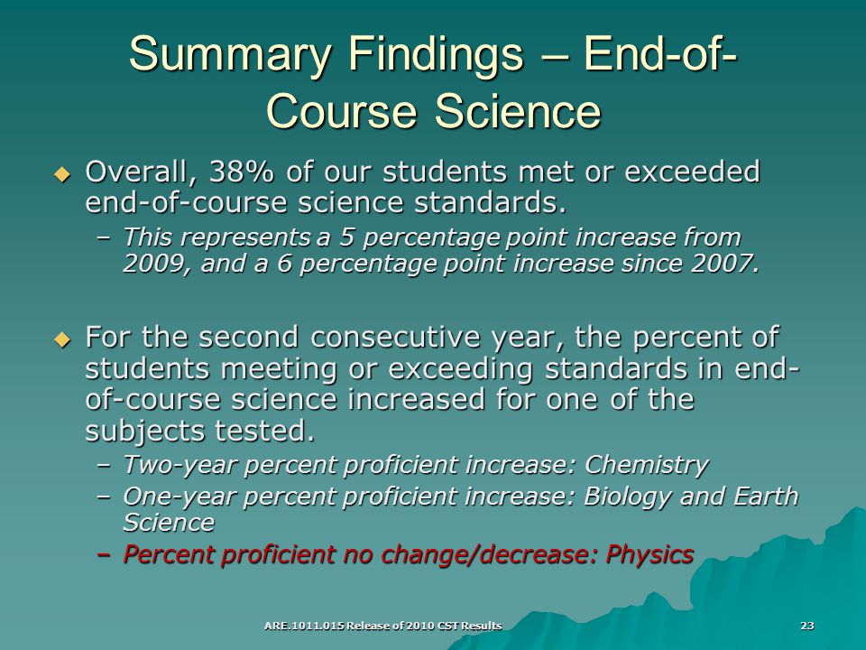 ARE Release of 2010 CST Results 23 Summary Findings – End-of- Course Science  Overall, 38% of our students met or exceeded end-of-course science standards.