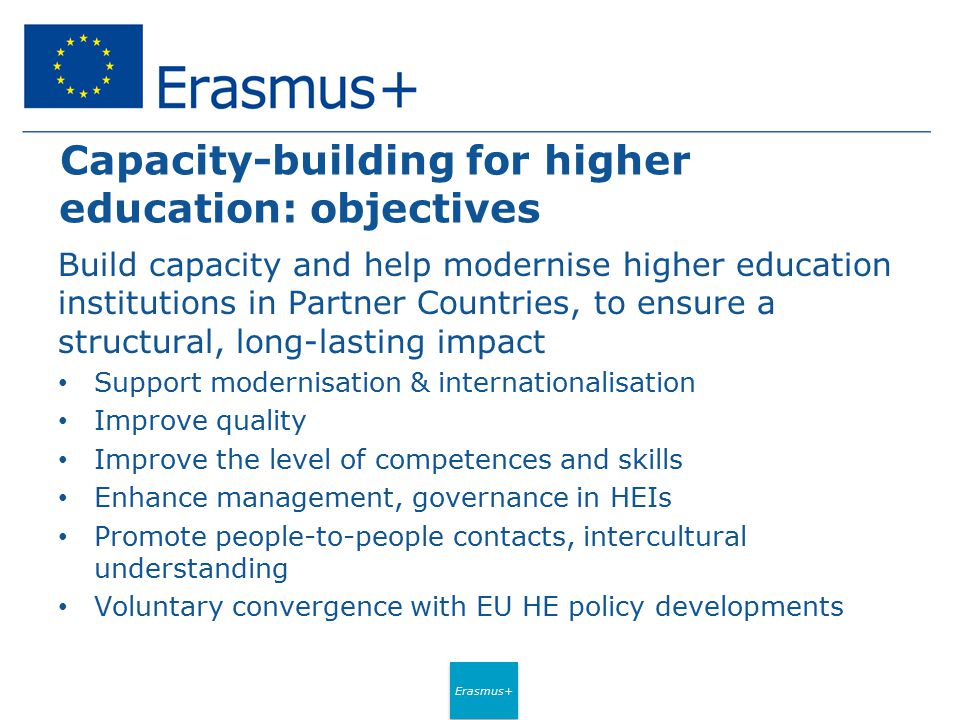 Erasmus+ Capacity-building for higher education: objectives Build capacity and help modernise higher education institutions in Partner Countries, to ensure a structural, long-lasting impact Support modernisation & internationalisation Improve quality Improve the level of competences and skills Enhance management, governance in HEIs Promote people-to-people contacts, intercultural understanding Voluntary convergence with EU HE policy developments