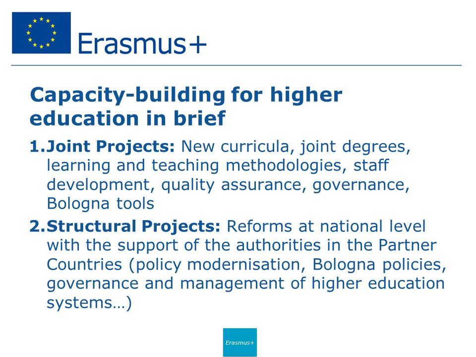 Erasmus+ Capacity-building for higher education in brief 1.Joint Projects: New curricula, joint degrees, learning and teaching methodologies, staff development, quality assurance, governance, Bologna tools 2.Structural Projects: Reforms at national level with the support of the authorities in the Partner Countries (policy modernisation, Bologna policies, governance and management of higher education systems…)