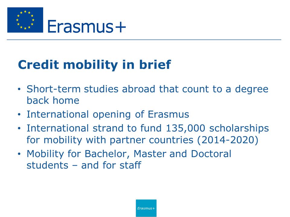 Erasmus+ Credit mobility in brief Short-term studies abroad that count to a degree back home International opening of Erasmus International strand to fund 135,000 scholarships for mobility with partner countries ( ) Mobility for Bachelor, Master and Doctoral students – and for staff