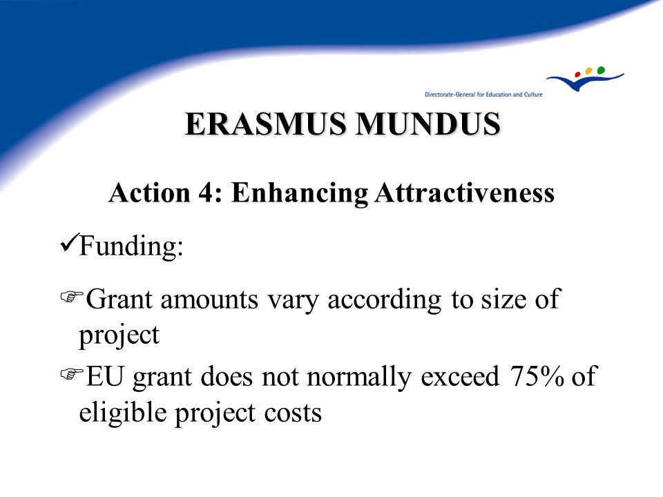 ERASMUS MUNDUS Action 4: Enhancing Attractiveness Funding:  Grant amounts vary according to size of project  EU grant does not normally exceed 75% of eligible project costs