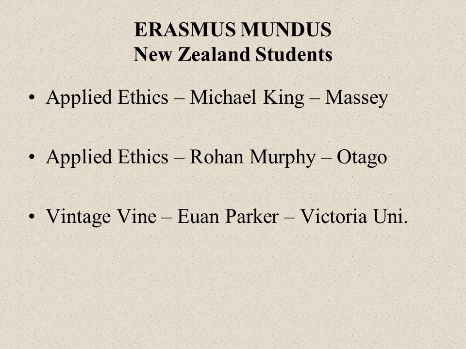 ERASMUS MUNDUS New Zealand Students Applied Ethics – Michael King – Massey Applied Ethics – Rohan Murphy – Otago Vintage Vine – Euan Parker – Victoria Uni.