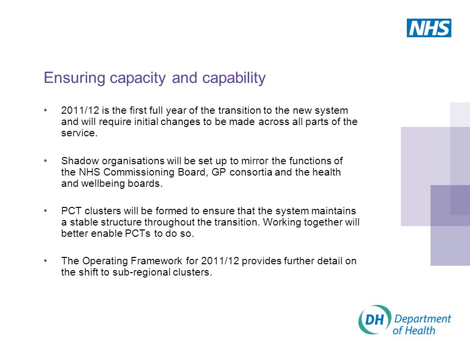 Ensuring capacity and capability 2011/12 is the first full year of the transition to the new system and will require initial changes to be made across all parts of the service.