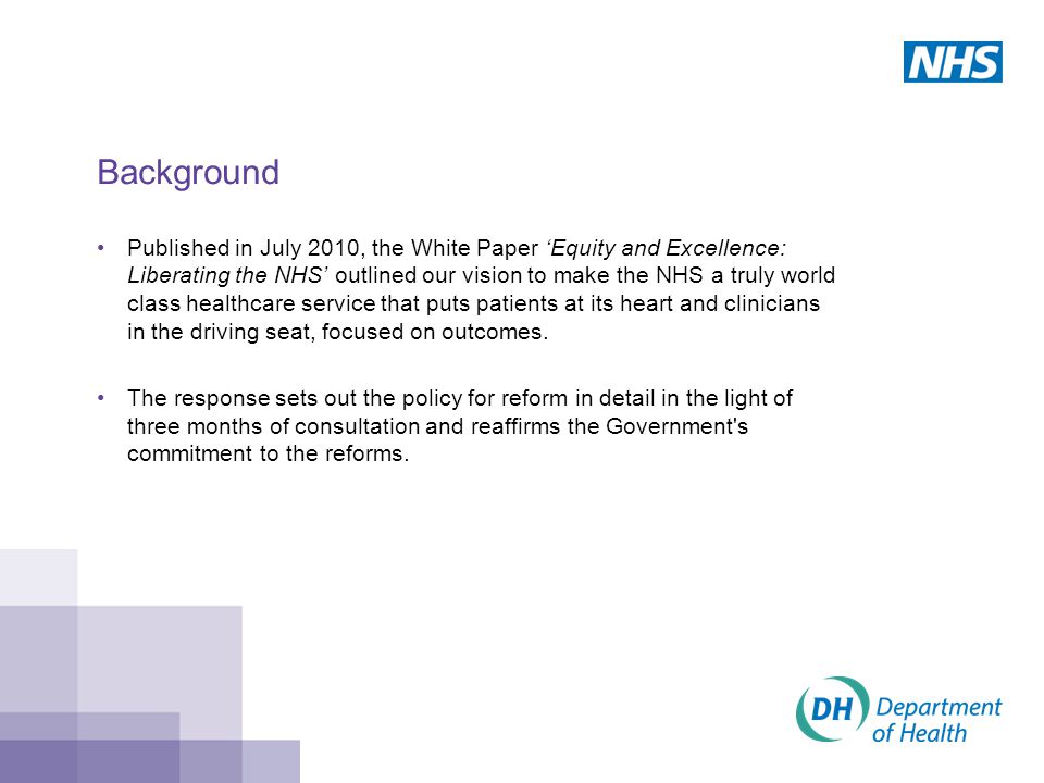 Background Published in July 2010, the White Paper ‘Equity and Excellence: Liberating the NHS’ outlined our vision to make the NHS a truly world class healthcare service that puts patients at its heart and clinicians in the driving seat, focused on outcomes.