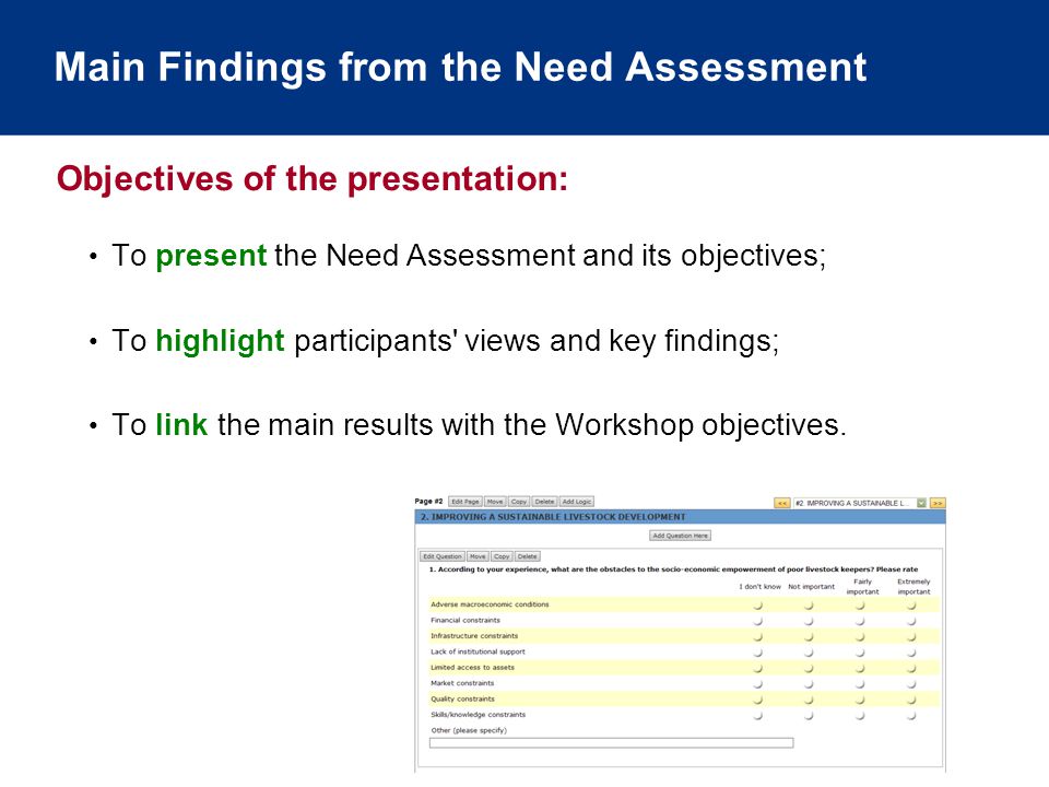 Main Findings from the Need Assessment To present the Need Assessment and its objectives; To highlight participants views and key findings; To link the main results with the Workshop objectives.