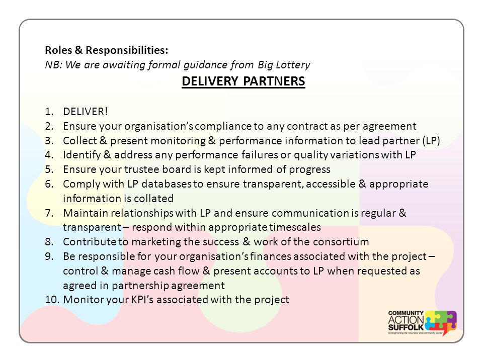 Roles & Responsibilities: NB: We are awaiting formal guidance from Big Lottery DELIVERY PARTNERS 1.DELIVER.