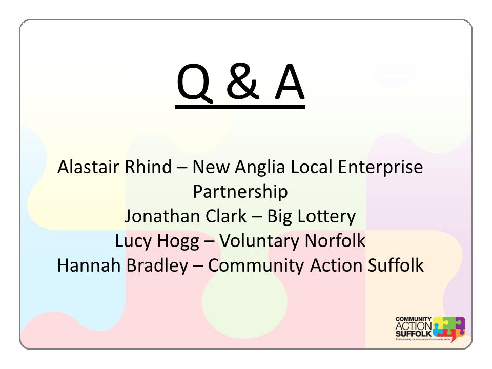 Q & A Alastair Rhind – New Anglia Local Enterprise Partnership Jonathan Clark – Big Lottery Lucy Hogg – Voluntary Norfolk Hannah Bradley – Community Action Suffolk