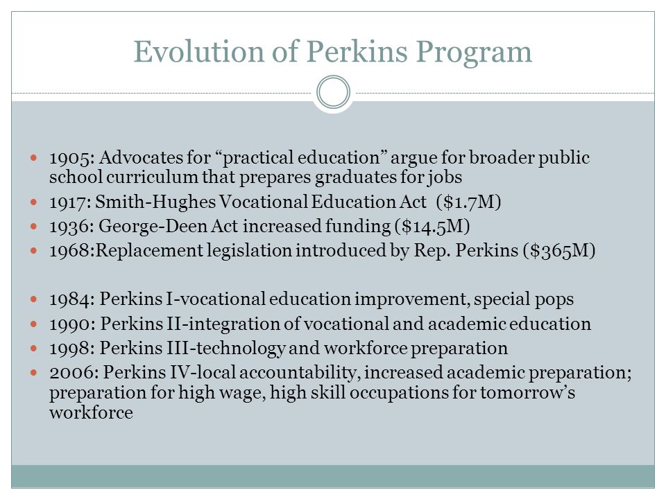 Evolution of Perkins Program 1905: Advocates for practical education argue for broader public school curriculum that prepares graduates for jobs 1917: Smith-Hughes Vocational Education Act ($1.7M) 1936: George-Deen Act increased funding ($14.5M) 1968:Replacement legislation introduced by Rep.