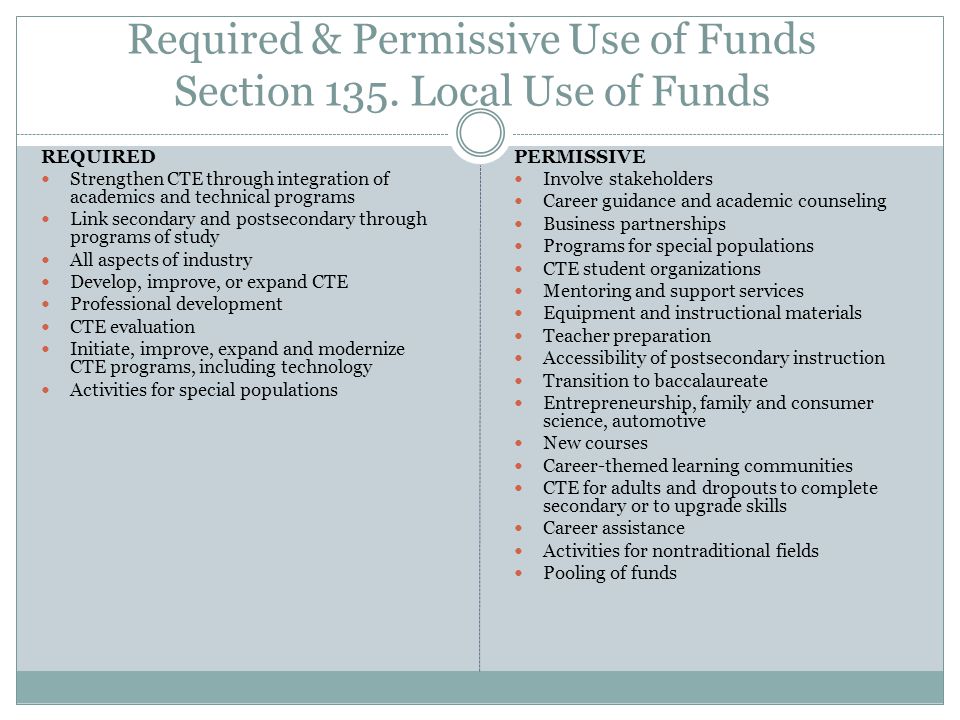 Required & Permissive Use of Funds Section 135.