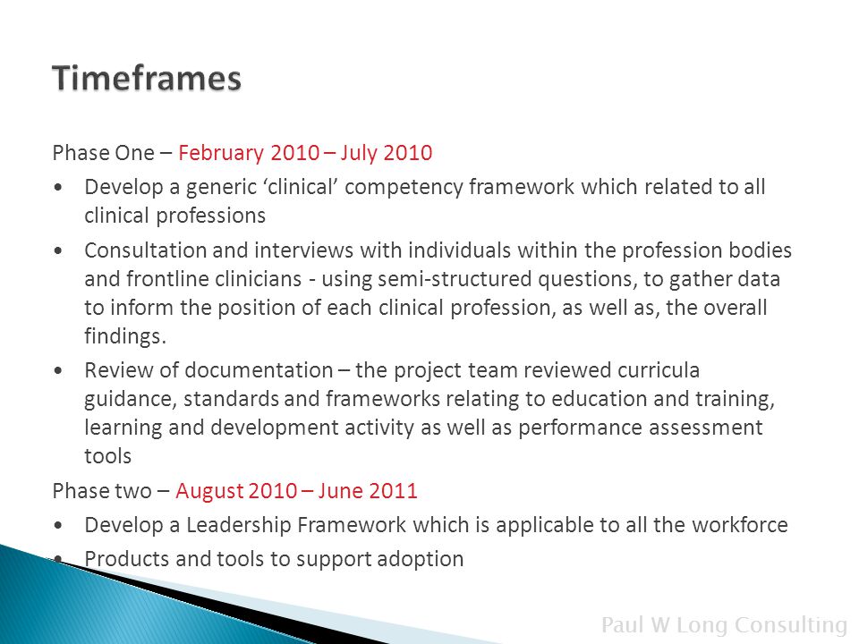 Paul W Long Consulting Phase One – February 2010 – July 2010 Develop a generic ‘clinical’ competency framework which related to all clinical professions Consultation and interviews with individuals within the profession bodies and frontline clinicians - using semi-structured questions, to gather data to inform the position of each clinical profession, as well as, the overall findings.