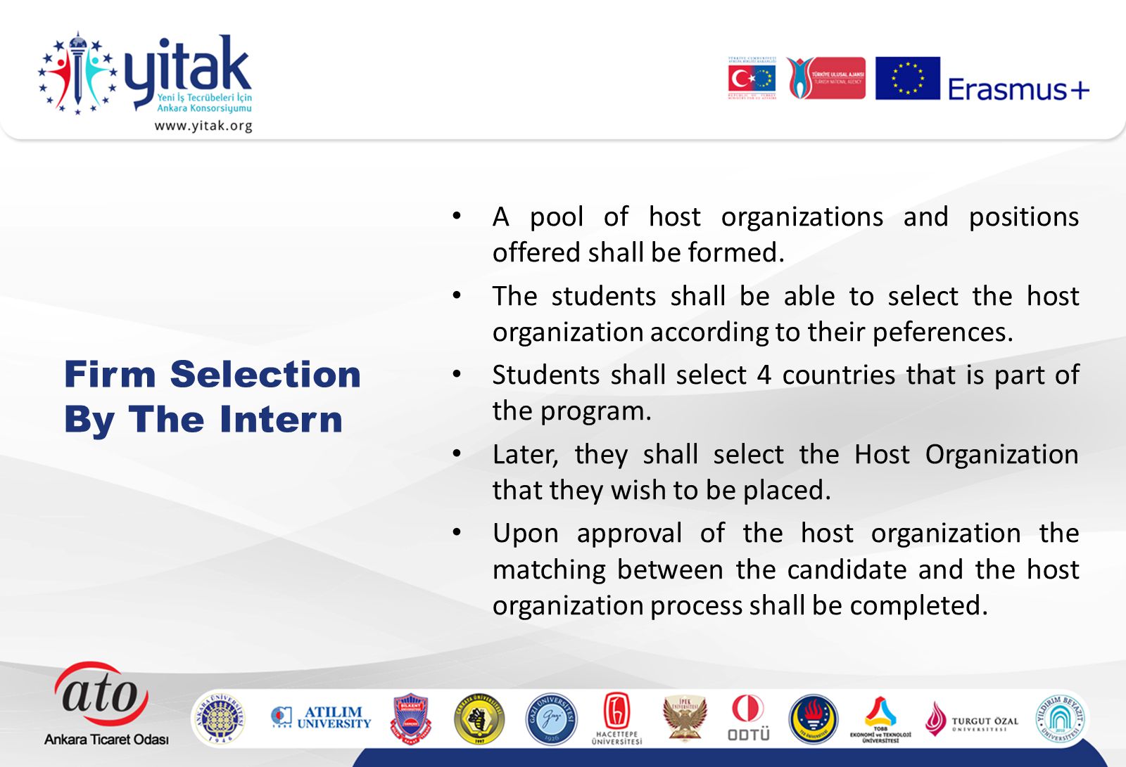 Firm Selection By The Intern A pool of host organizations and positions offered shall be formed.