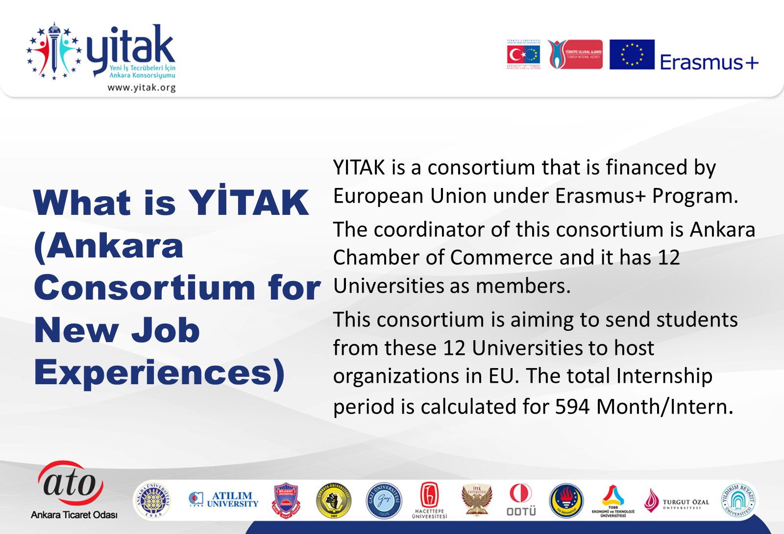 What is YİTAK (Ankara Consortium for New Job Experiences) YITAK is a consortium that is financed by European Union under Erasmus+ Program.