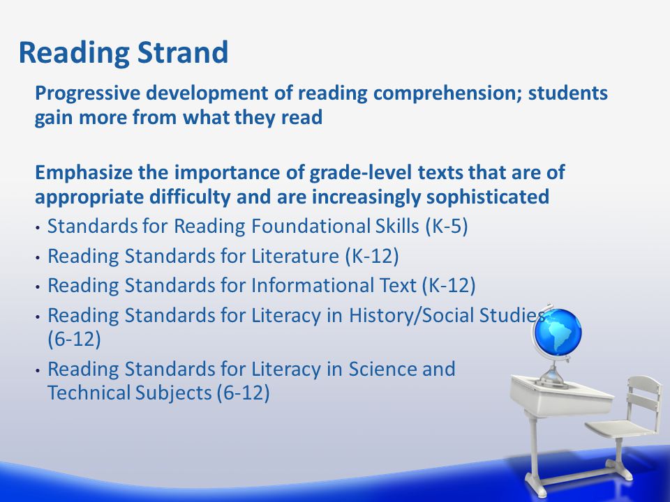 Progressive development of reading comprehension; students gain more from what they read Emphasize the importance of grade-level texts that are of appropriate difficulty and are increasingly sophisticated Standards for Reading Foundational Skills (K-5) Reading Standards for Literature (K-12) Reading Standards for Informational Text (K-12) Reading Standards for Literacy in History/Social Studies (6-12) Reading Standards for Literacy in Science and Technical Subjects (6-12) Reading Strand