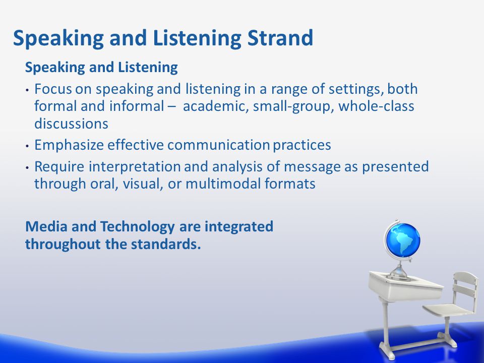 Speaking and Listening Focus on speaking and listening in a range of settings, both formal and informal – academic, small-group, whole-class discussions Emphasize effective communication practices Require interpretation and analysis of message as presented through oral, visual, or multimodal formats Media and Technology are integrated throughout the standards.