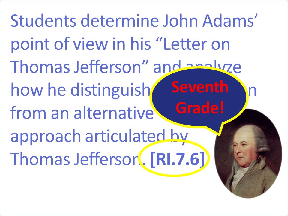 Students determine John Adams’ point of view in his Letter on Thomas Jefferson and analyze how he distinguishes his position from an alternative approach articulated by Thomas Jefferson.