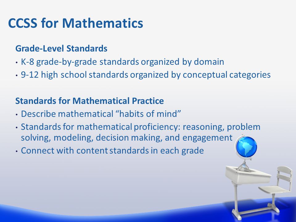 Grade-Level Standards K-8 grade-by-grade standards organized by domain 9-12 high school standards organized by conceptual categories Standards for Mathematical Practice Describe mathematical habits of mind Standards for mathematical proficiency: reasoning, problem solving, modeling, decision making, and engagement Connect with content standards in each grade CCSS for Mathematics