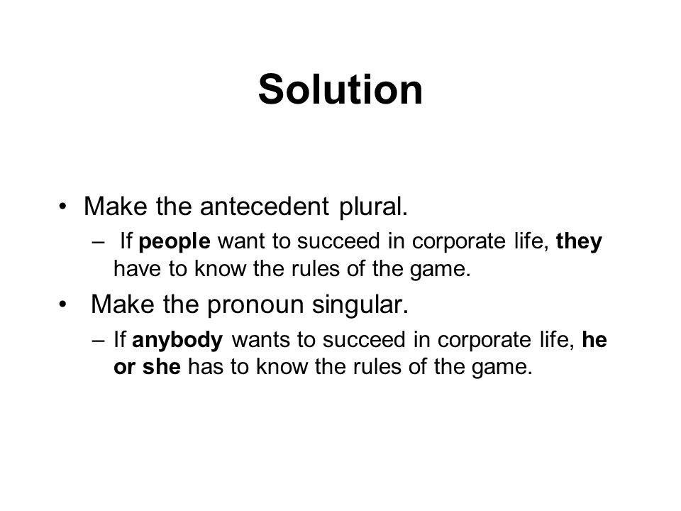 Solution Make the antecedent plural.