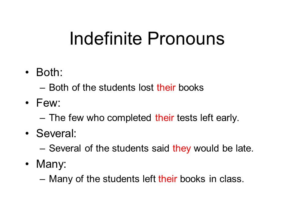 Indefinite Pronouns Both: –Both of the students lost their books Few: –The few who completed their tests left early.