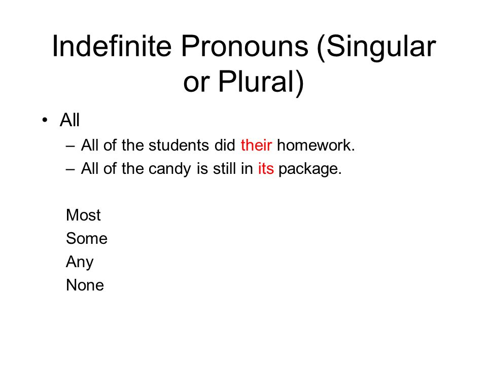 Indefinite Pronouns (Singular or Plural) All –All of the students did their homework.