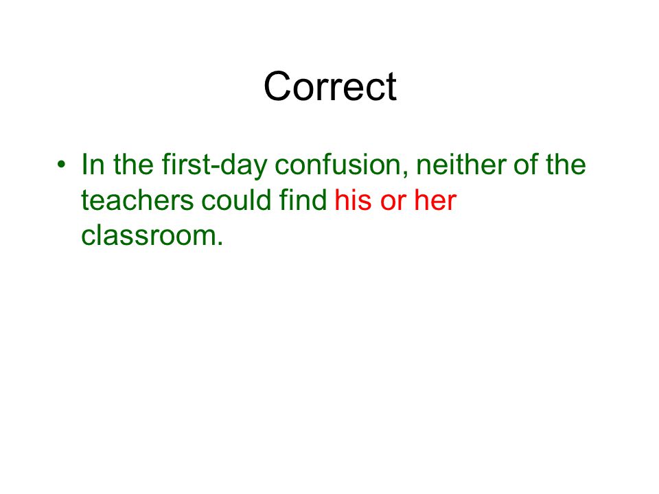 Correct In the first-day confusion, neither of the teachers could find his or her classroom.