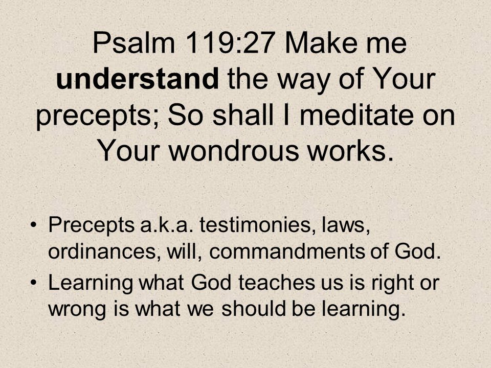 Psalm 119:27 Make me understand the way of Your precepts; So shall I meditate on Your wondrous works.
