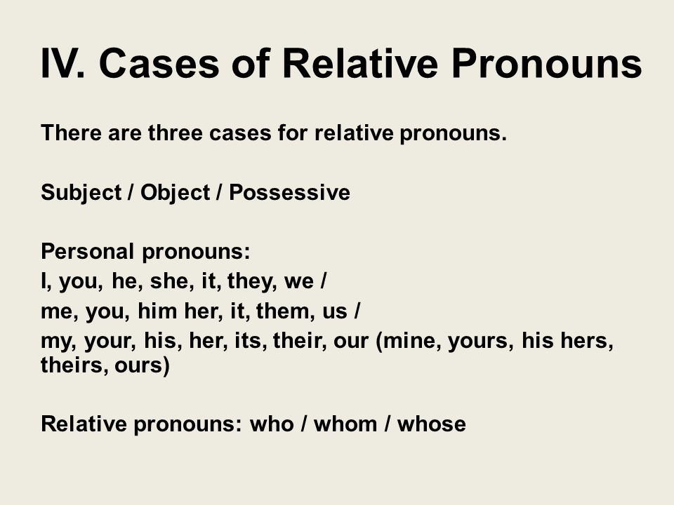 IV. Cases of Relative Pronouns There are three cases for relative pronouns.