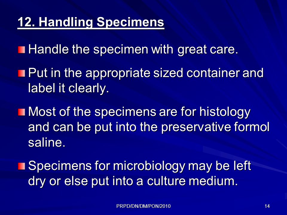 PRPD/DN/DM/PON/ Handling Specimens Handle the specimen with great care.
