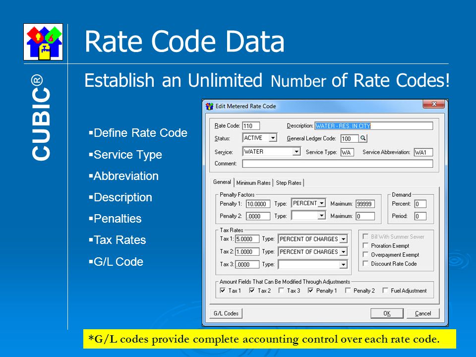 *G/L codes provide complete accounting control over each rate code.
