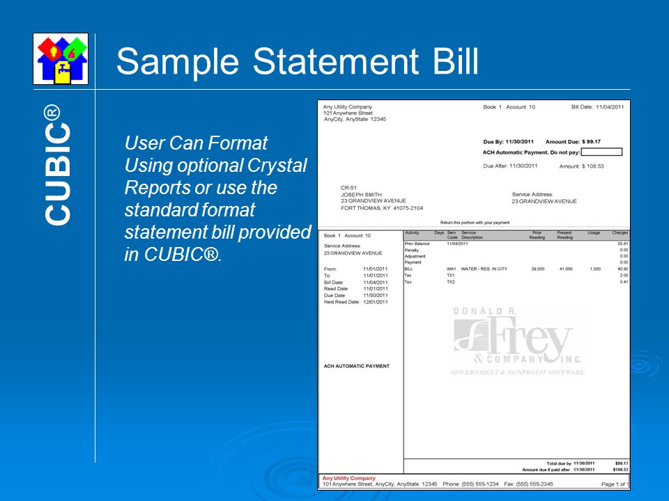 Sample Statement Bill CUBIC ® User Can Format Using optional Crystal Reports or use the standard format statement bill provided in CUBIC®.